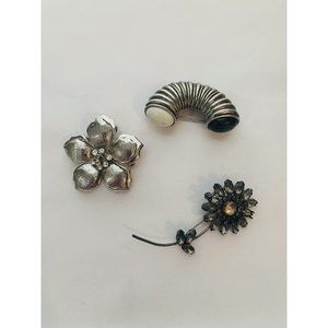 Lot Of 3 Vtg FLORAL RHINESTONE Brooch Dark Silver. Unique. Read Description.